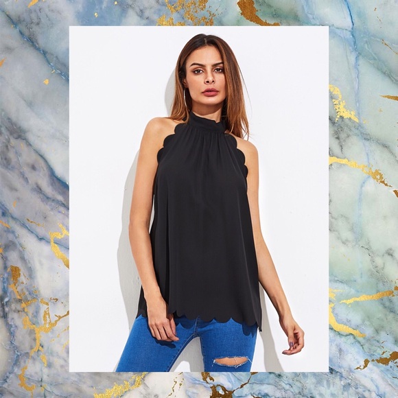 Tops - BLACK SCALLOP TRIM SELF TIE HALTER TOP SZ L